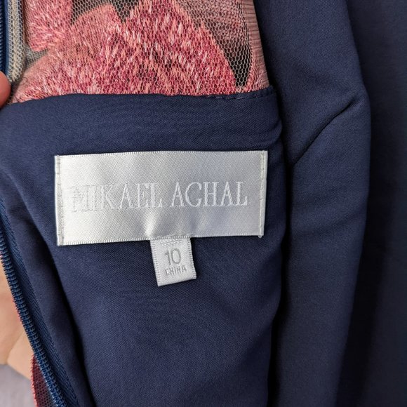 Mikael Aghal navy blue and pink knee length embroidered cocktail dress sz 10 - Picture 6 of 7
